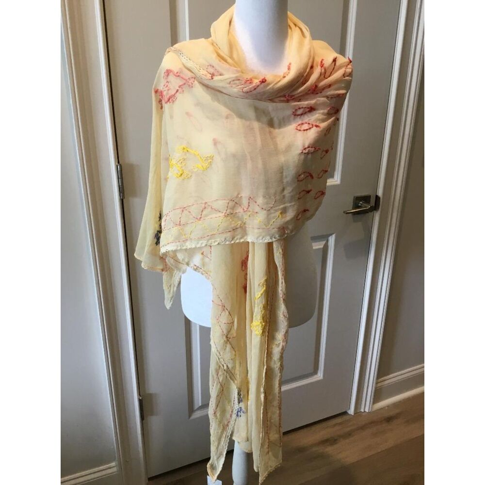 Raj Made in India 100% Silk Sheer Shawl w/Floral Embroidery One Size NWT